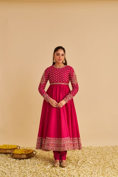 Noor - Dabka Zardozi Embroidered Chanderi Silk Hotpink Anarkali  Set