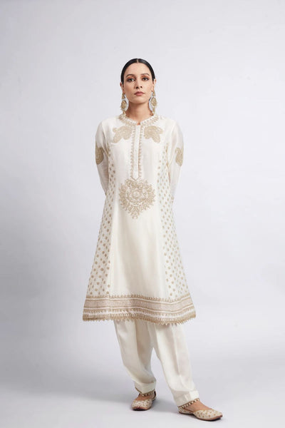 Naazira A-line short kurta with salwar and dupatta-Daisy Ivory