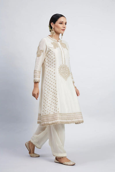 Naazira A-line short kurta with salwar and dupatta-Daisy Ivory