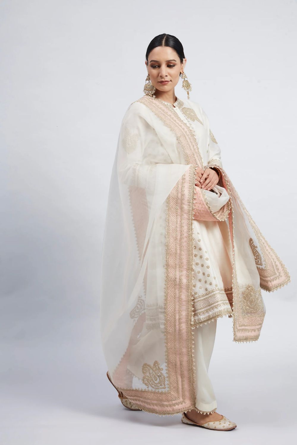 Naazira A-line short kurta with salwar and dupatta-Daisy Ivory
