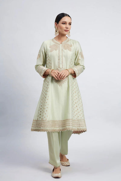 Naazira A-line short kurta with salwar and dupatta-Mint green