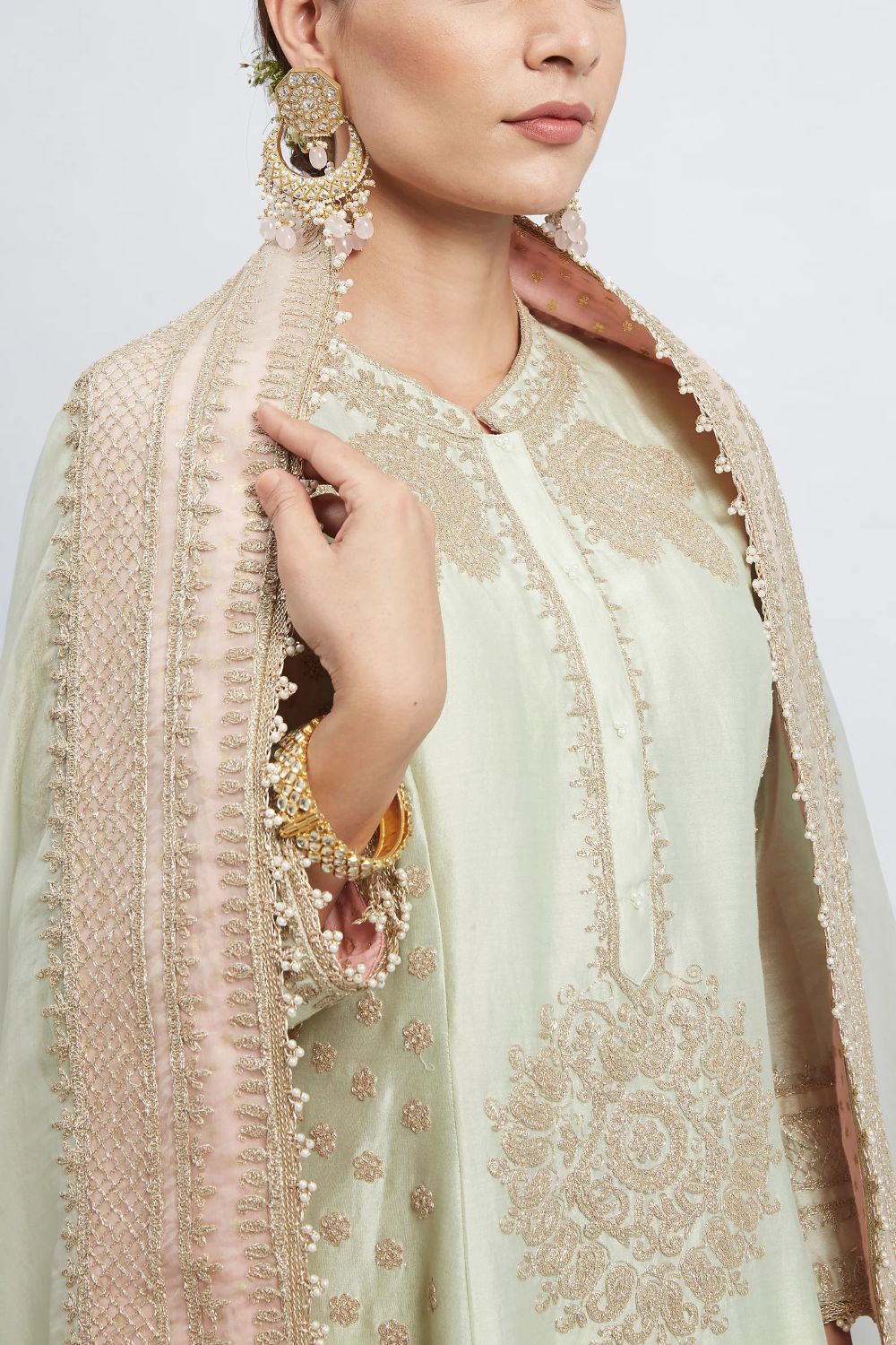 Naazira A-line short kurta with salwar and dupatta-Mint green