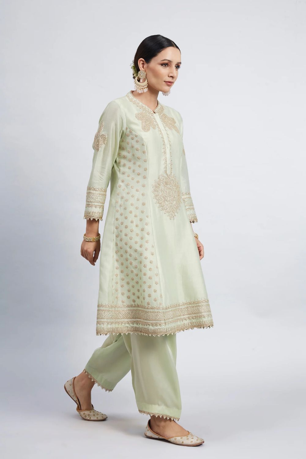 Naazira A-line short kurta with salwar and dupatta-Mint green