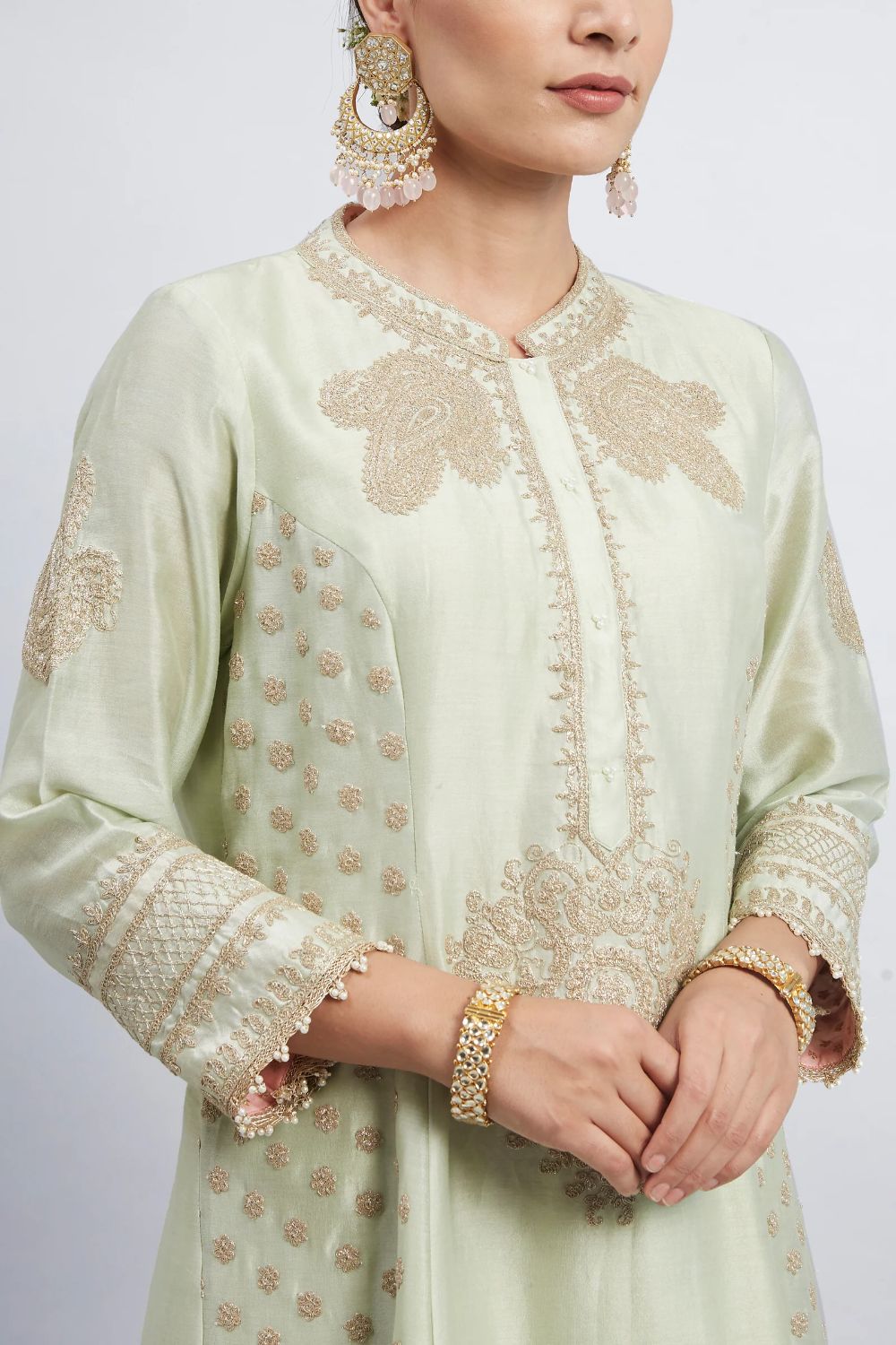 Naazira A-line short kurta with salwar and dupatta-Mint green