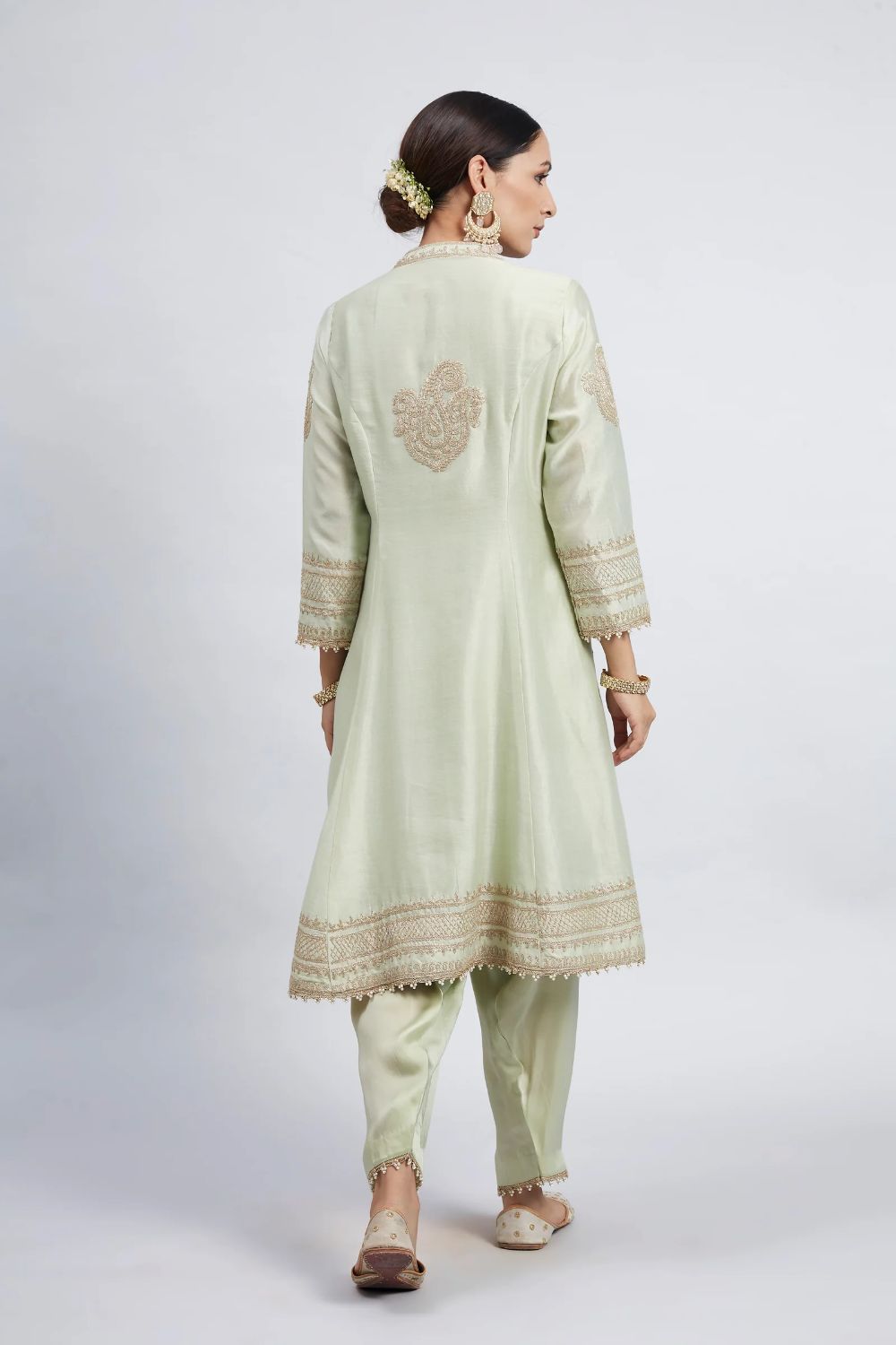 Naazira A-line short kurta with salwar and dupatta-Mint green