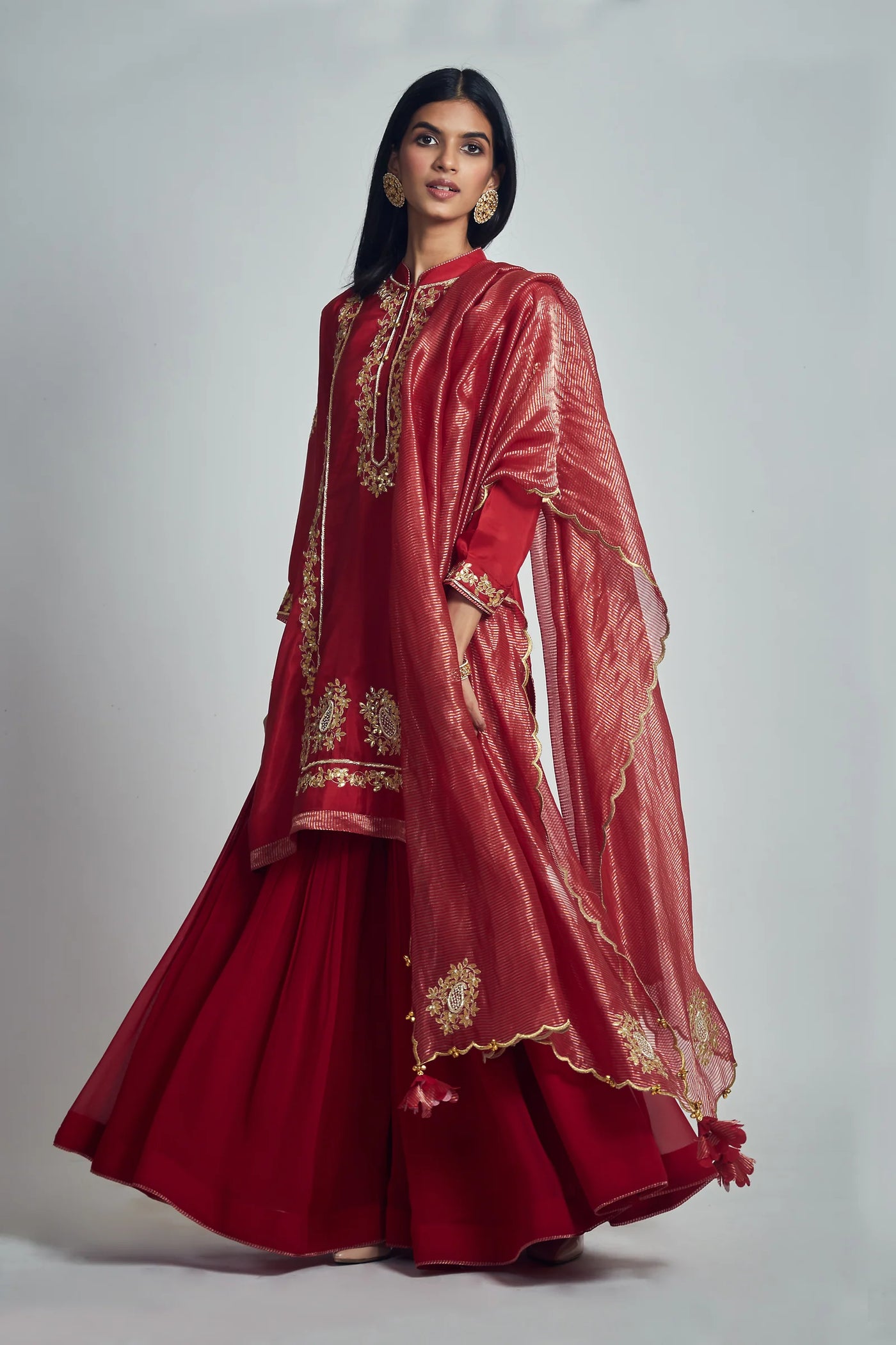 Nasira Short Kurta with Salwar and Dupatta-Deep red