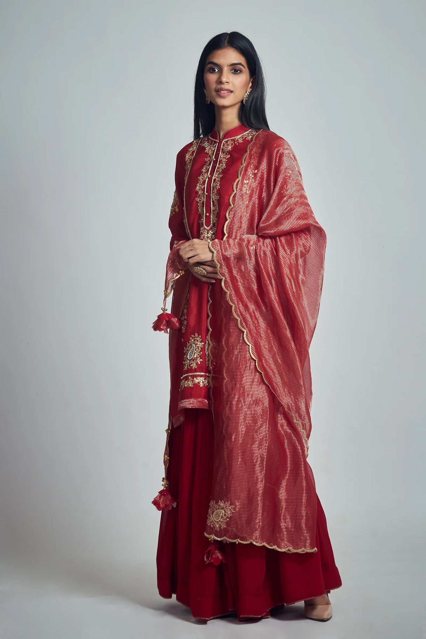 Nasira Short Kurta with Salwar and Dupatta-Deep red