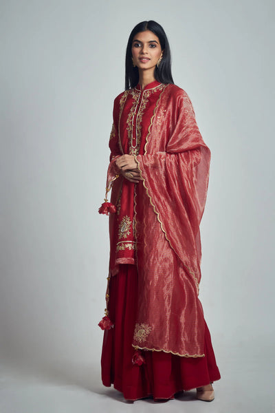 Nasira Short Kurta with Salwar and Dupatta-Deep red