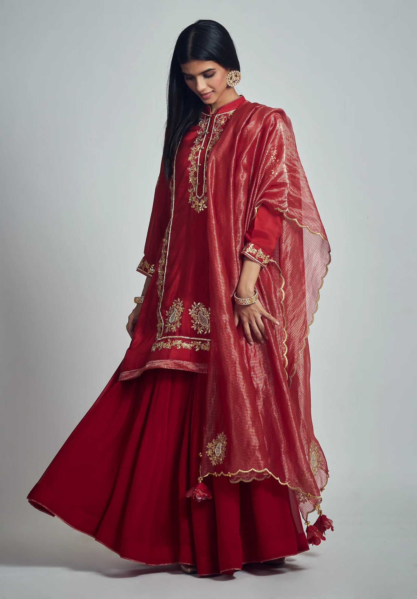 Nasira Short Kurta with Salwar and Dupatta-Deep red