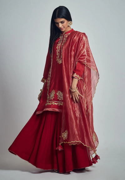 Nasira Short Kurta with Salwar and Dupatta-Deep red