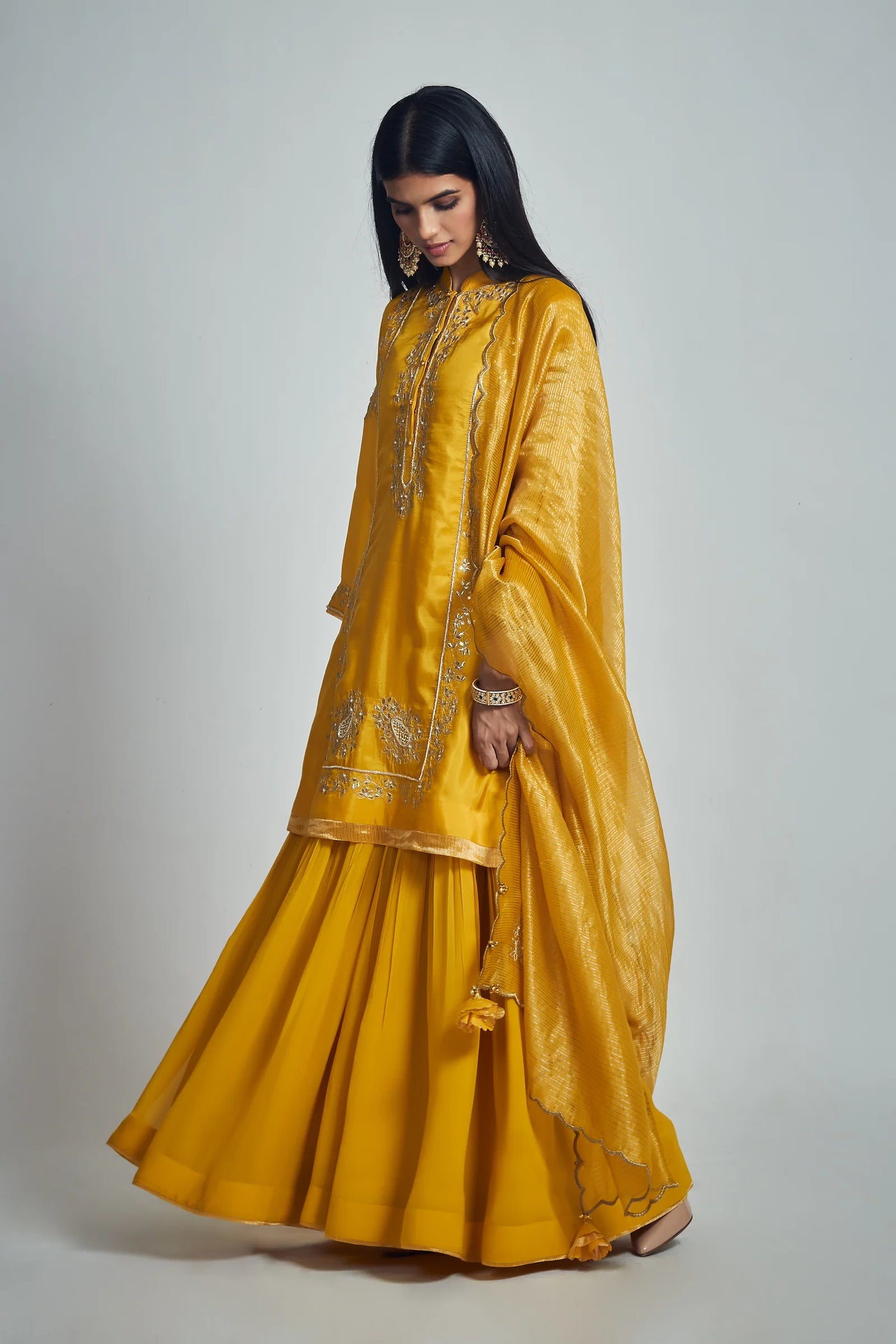 Nasira Short Kurta with Salwar and Dupatta-Happy Mustard