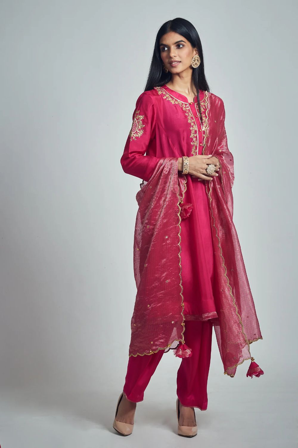 Nazish Short Kurta with Salwar and Dupatta-Hot Pink