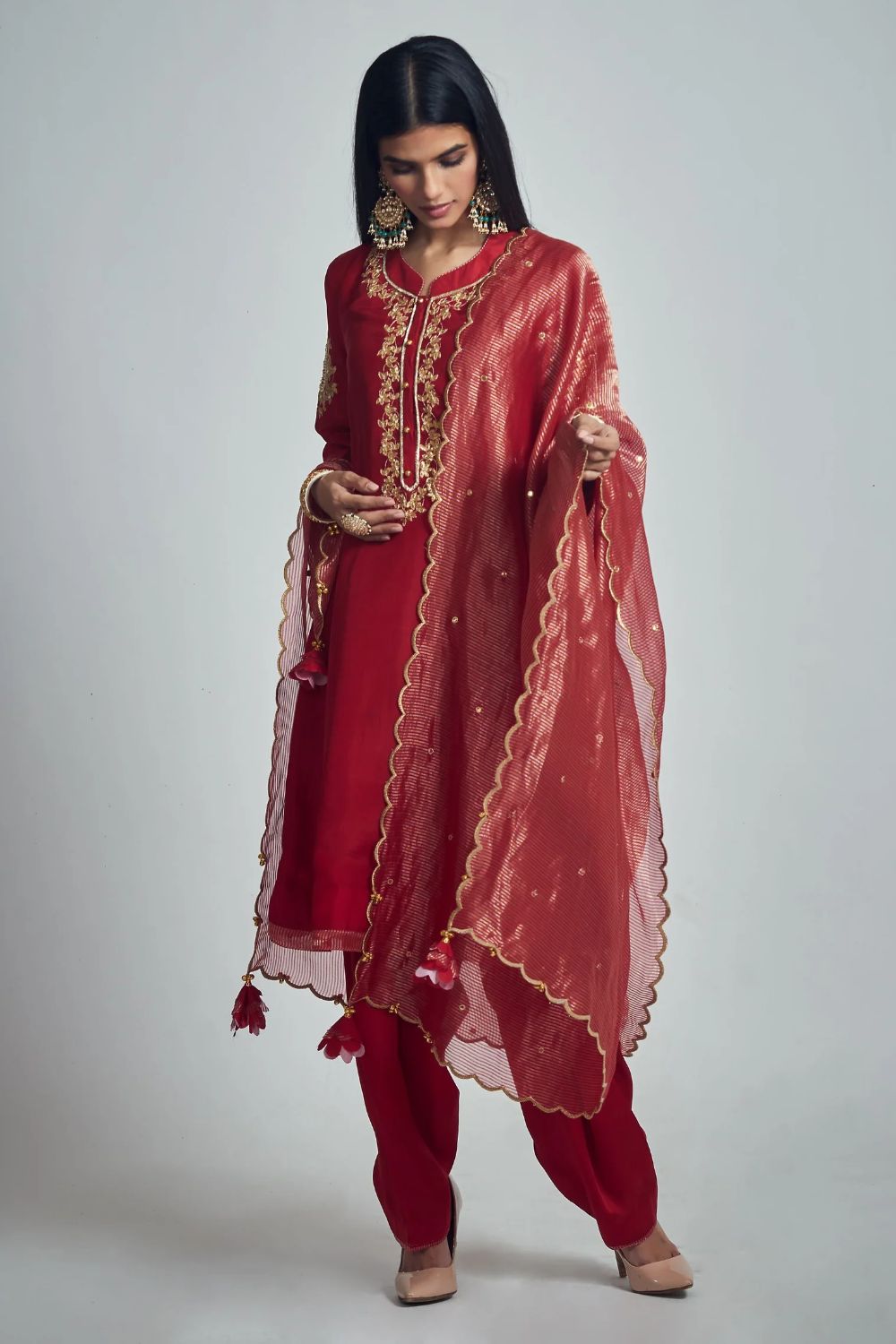 Nazish Short Kurta with Salwar and Dupatta-Deep red