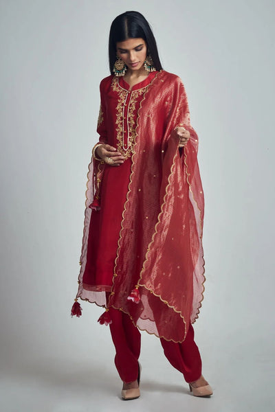 Nazish Short Kurta with Salwar and Dupatta-Deep red