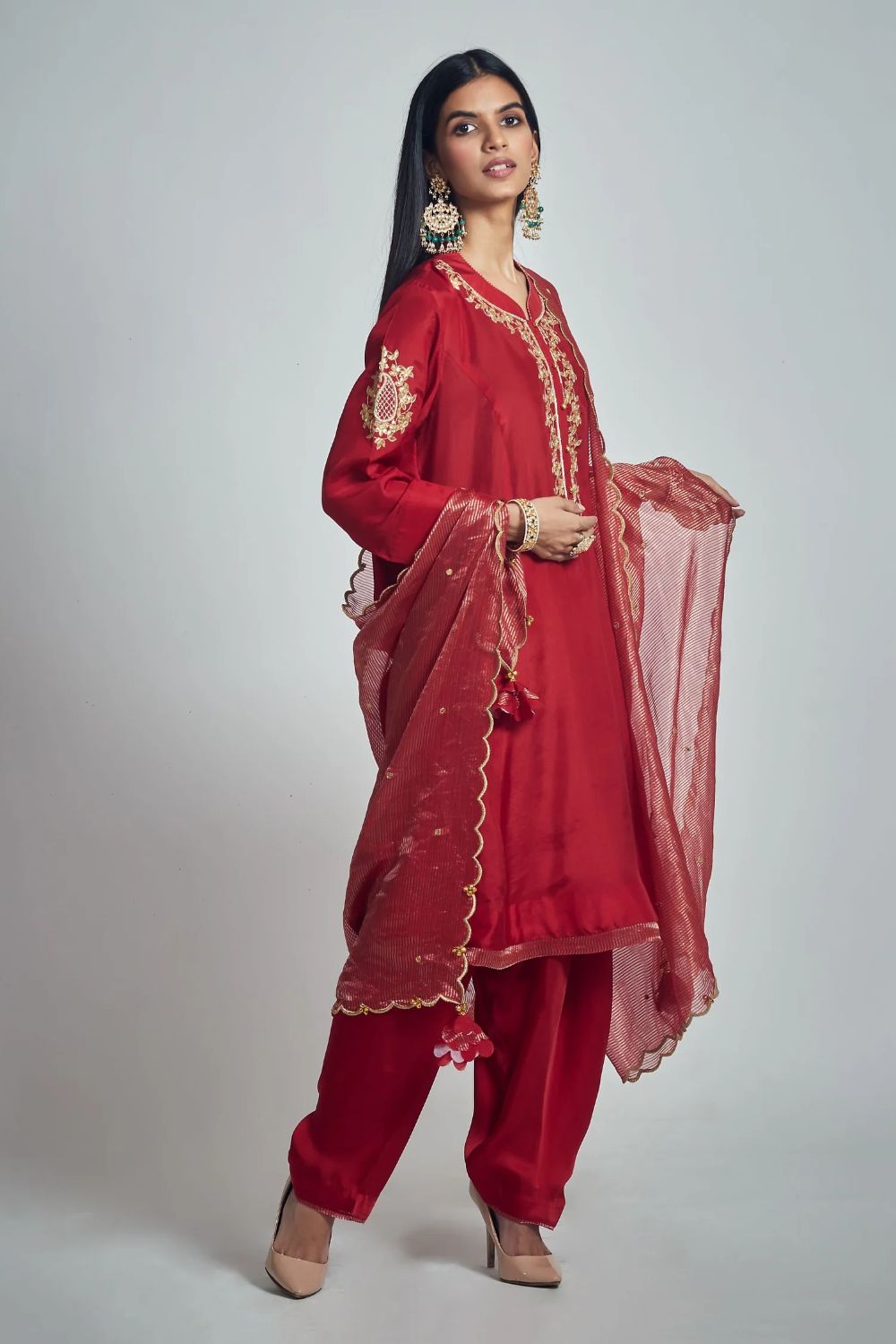 Nazish Short Kurta with Salwar and Dupatta-Deep red