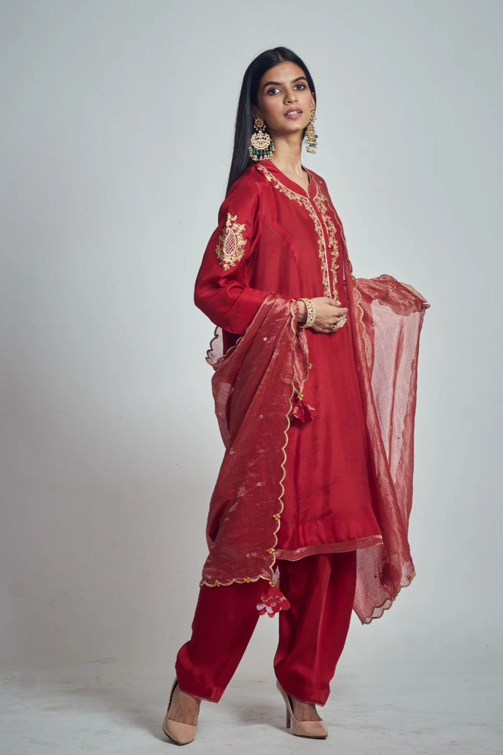 Nazish Short Kurta with Salwar and Dupatta-Deep red