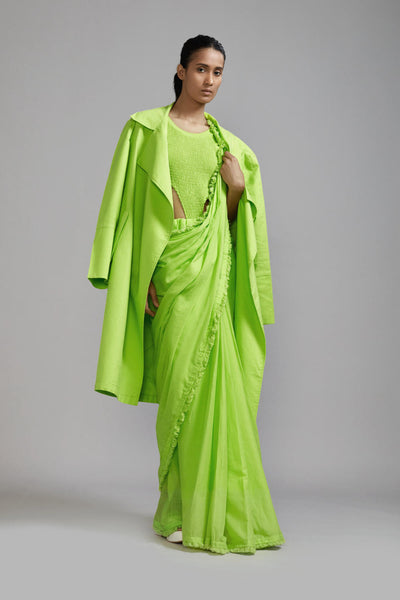 Neon Green Fringed Saree-Bodysuit-Jacket Set (3 PCS)