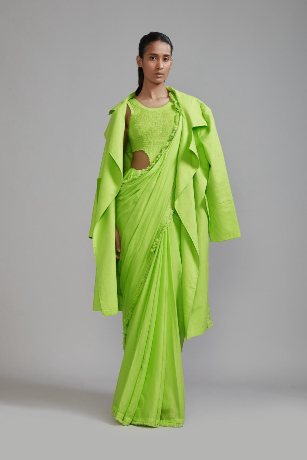 Neon Green Fringed Saree-Bodysuit-Jacket Set (3 PCS)