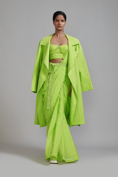 Neon Green Fringed Saree-Corset-Jacket Set (3 PCS)