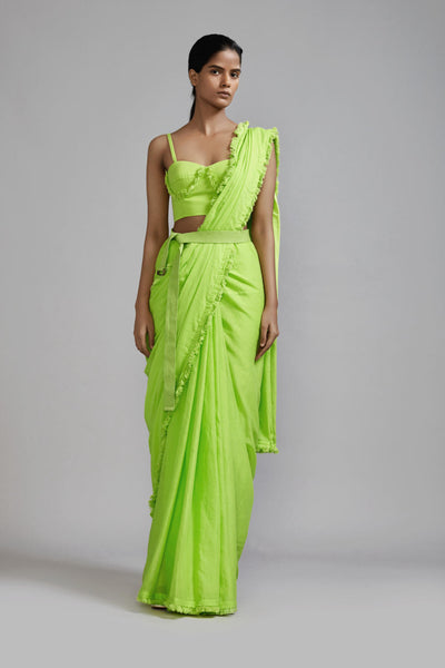 Neon Green Saree & Fringed Corset Set (2 PCS)