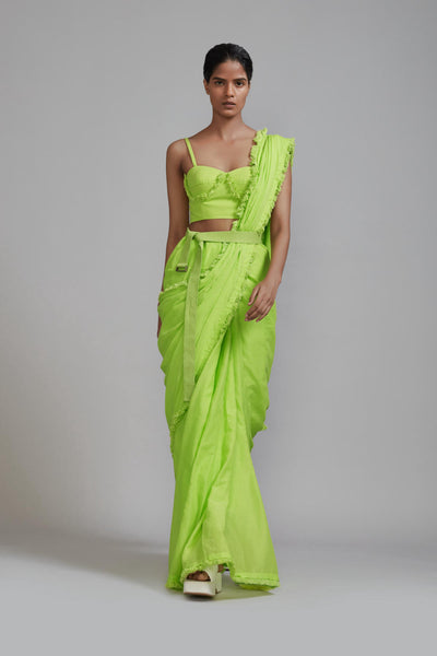 Neon Green Saree & Fringed Corset Set (2 PCS)