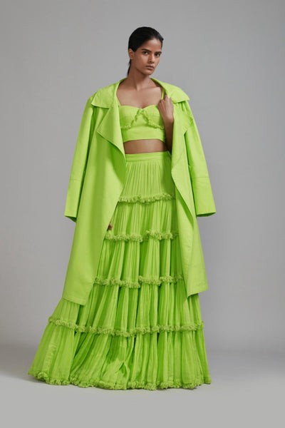 Neon Green Fringed Tiered Lehenga