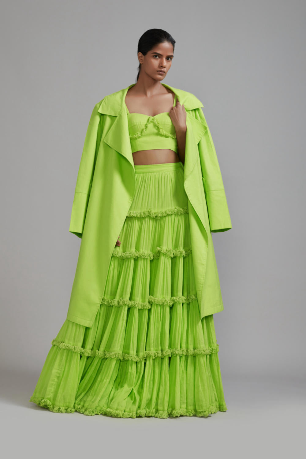 Neon Green Fringed Tiered Lehenga Jacket Set (3 PCS)