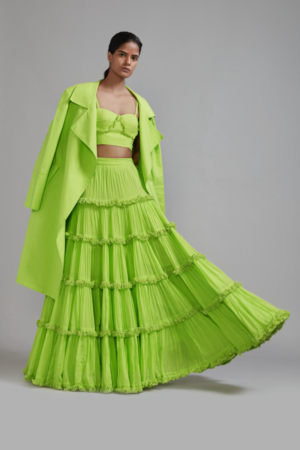 Neon Green Fringed Tiered Lehenga