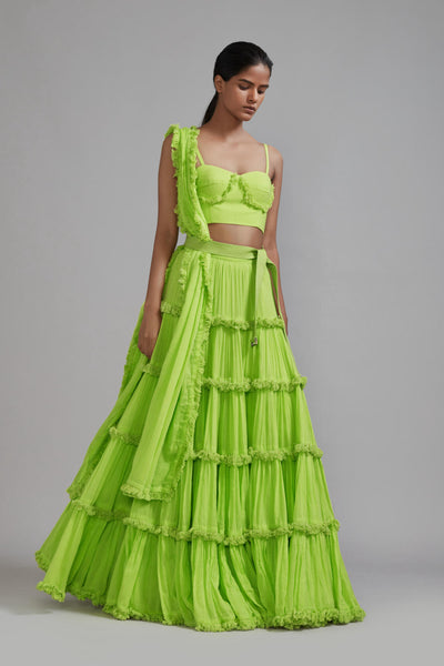 Neon Green Fringed Tiered Lehenga Set (3 PCS)