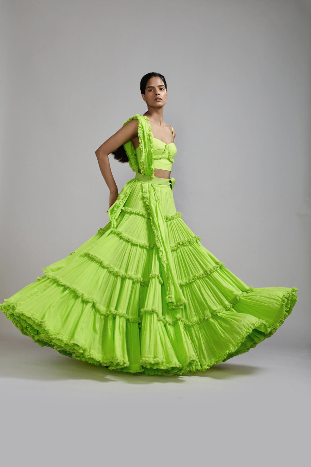 Neon Green Fringed Tiered Lehenga Set (3 PCS)