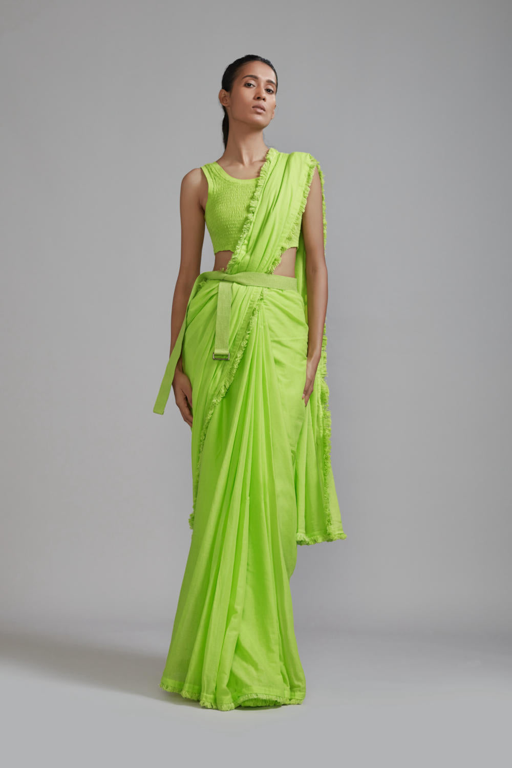 Neon Green Saree & Smocked Bodysuit Set (2 PCS)