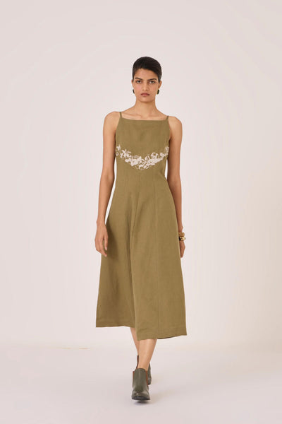 Nimal Olive Embroidered Dress