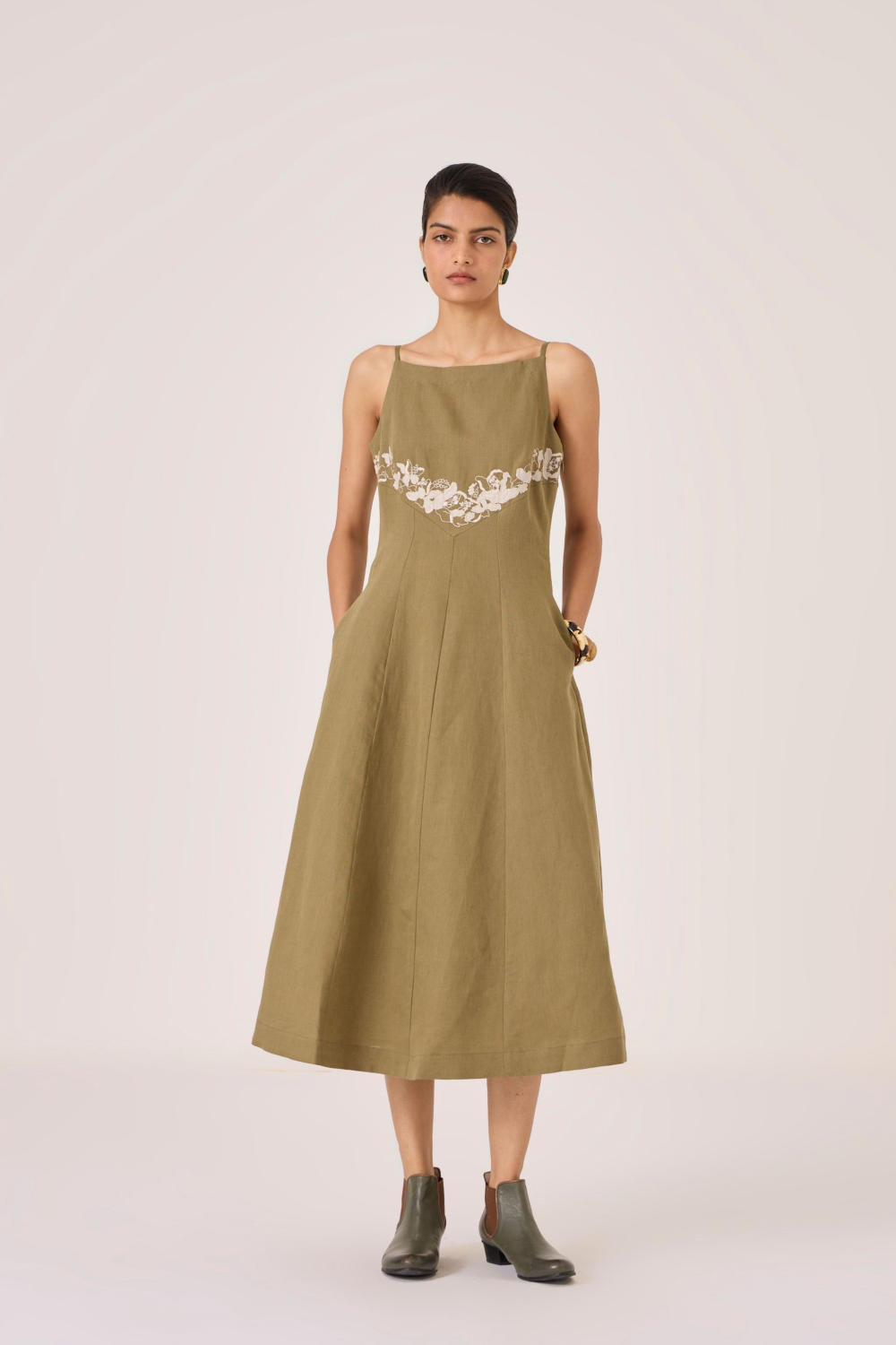 Nimal Olive Embroidered Dress