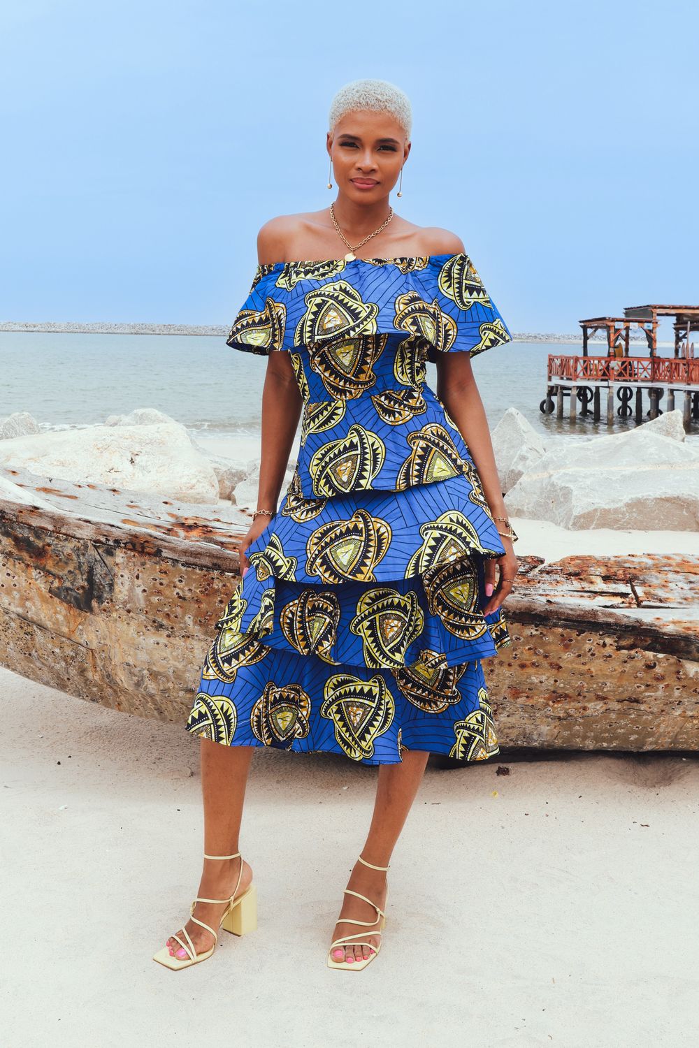 Nneka Off-shoulder Ruffle Tiered Maxi Dress - Blue and Yellow Golden Sapphire African Ankara Wax Cotton Print