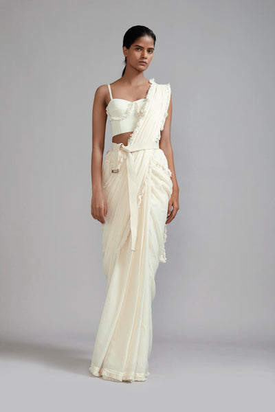 Off-White Fringed Saree