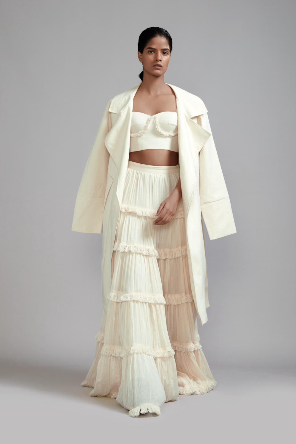 Off-White Fringed Tiered Lehenga