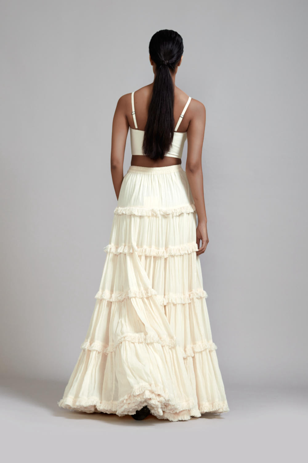 Off-White Fringed Tiered Lehenga