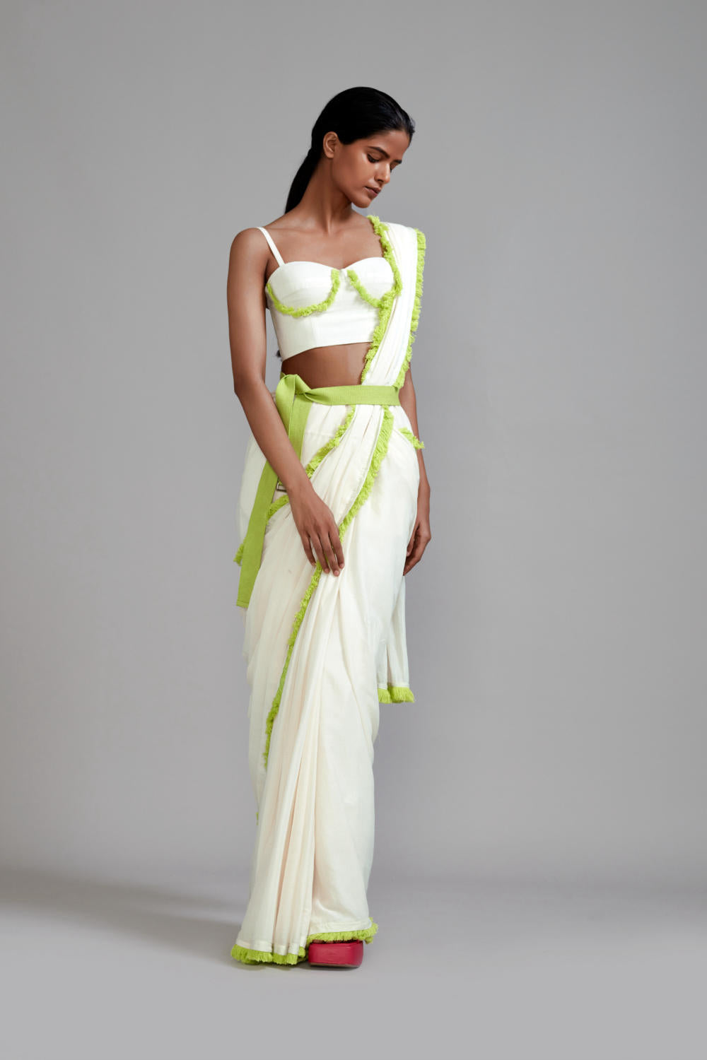 Off-White With Neon Green Saree & Fringed Corset Set (2 PCS)