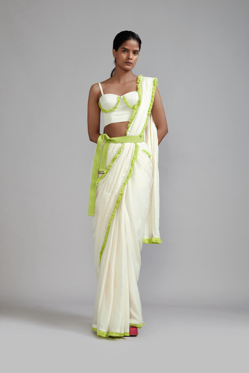 Off-White With Neon Green Saree & Fringed Corset Set (2 PCS)
