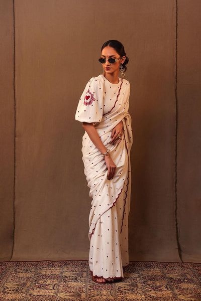 Off-White Heart EMP Saree Blouse Set (2 PCS)