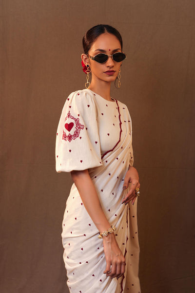 Off-White Heart EMP Saree Blouse Set (2 PCS)
