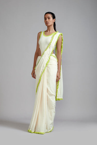 Off-White with Neon Green Fringed Saree