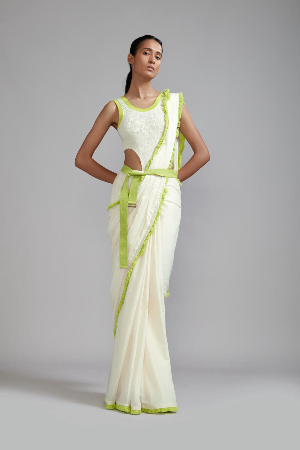 Off-White with Neon Green Fringed Saree