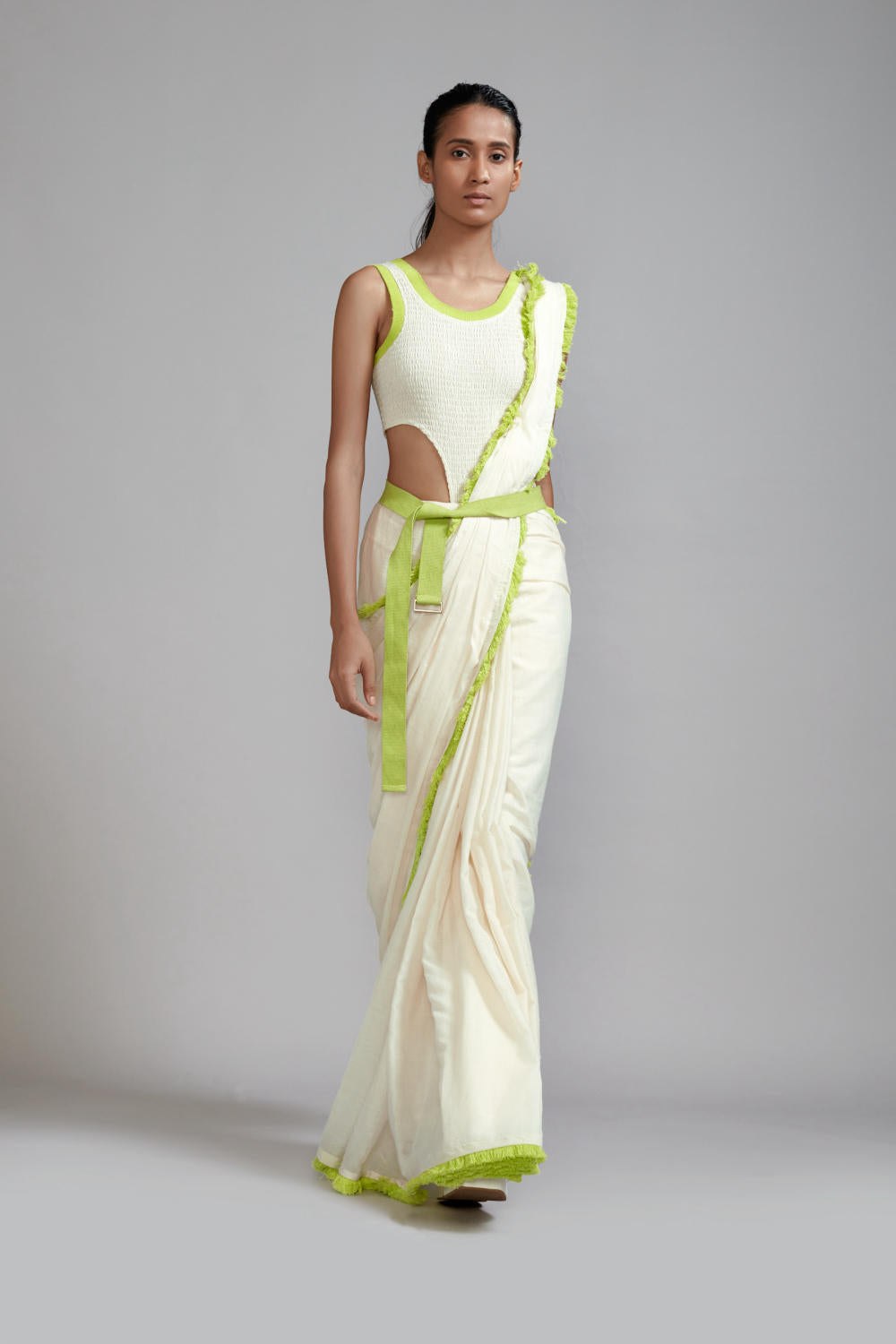 Off-White with Neon Green Fringed Saree