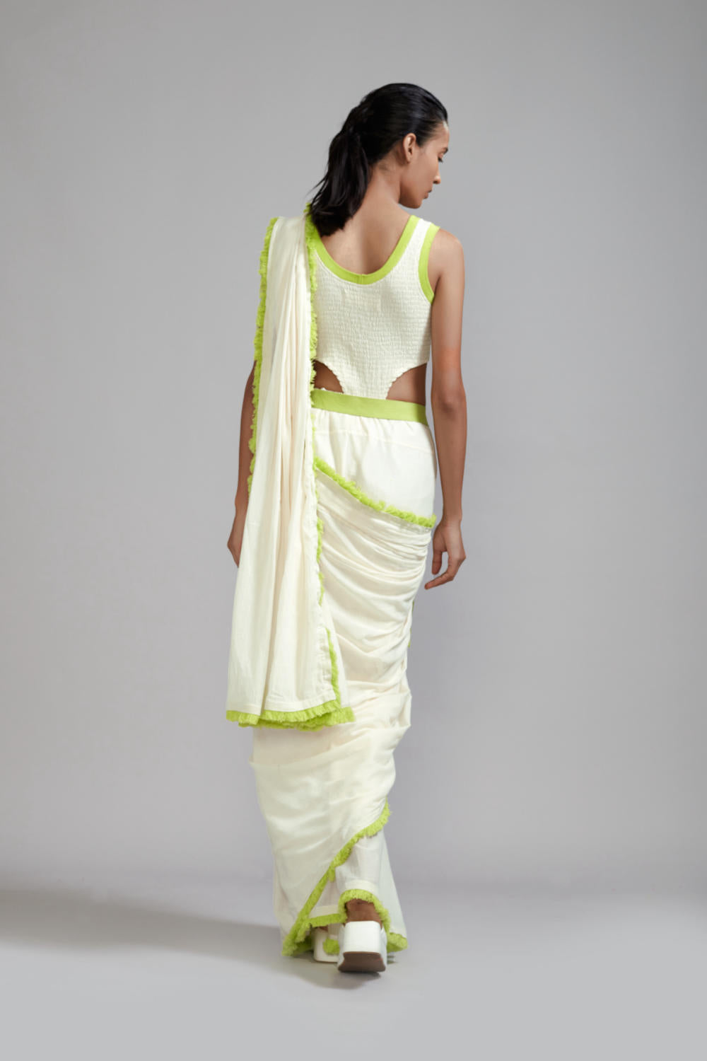 Off-White with Neon Green Fringed Saree