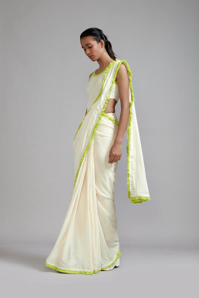 Off-White with Neon Green Saree & Smocked Bodysuit Set (2 PCS)