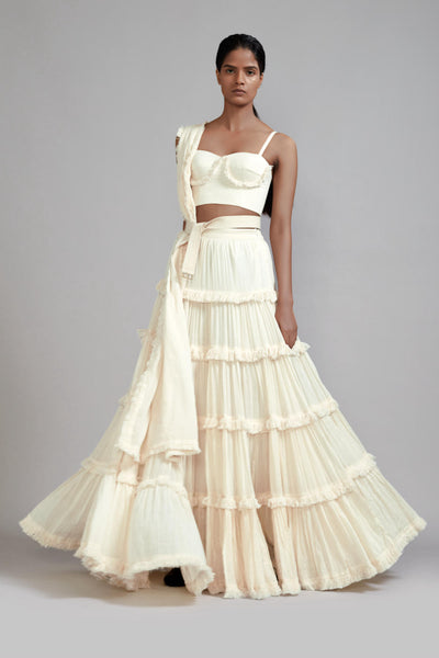 Off-White Fringed Tiered Lehenga