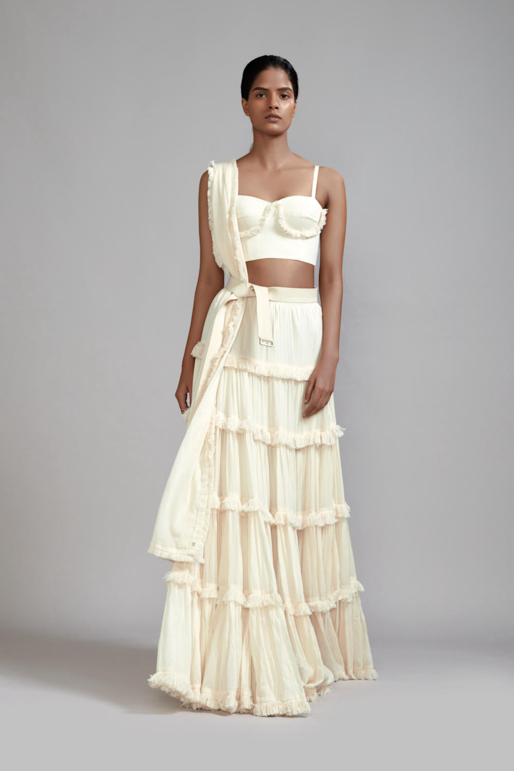 Off-White Fringed Tiered Lehenga Set (2 PCS)