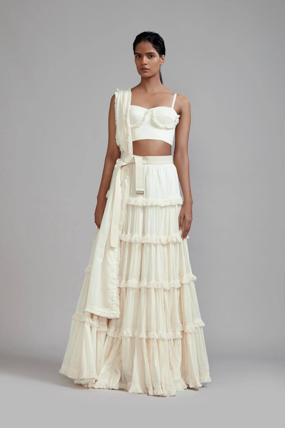 Off-White Fringed Tiered Lehenga