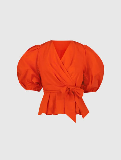 Orange Faille Wrap Over Balloon Sleeve Blouse